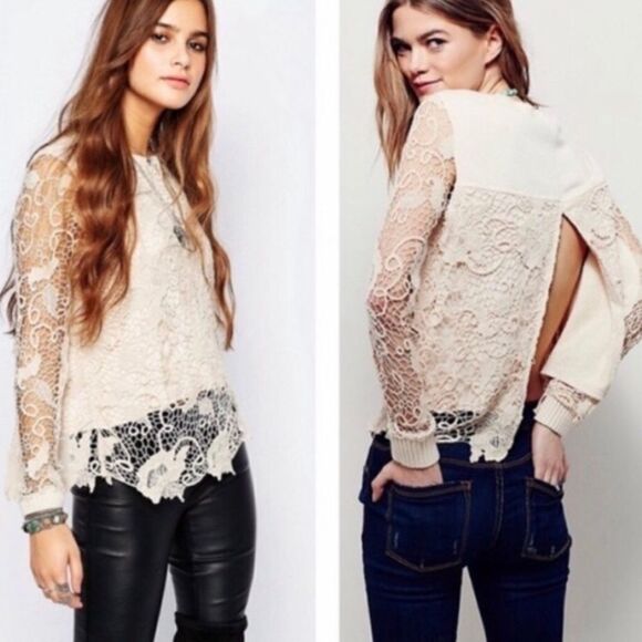 Free People Cream Crochet Lace Slit Back Pullover Crew Neck Boho Sweatshirt - Picture 1 of 15